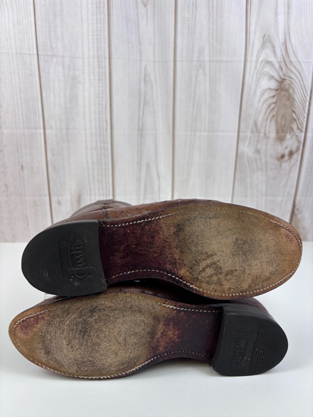 Vintage Justin Boots Smooth Quill Ostrich Leather Western Roper Cowboy Brown 9B - Picture 11 of 14